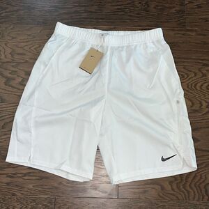 New Nike Killer White/Black trim swoosh Tennis 11” inseam Shorts L unlined NWT